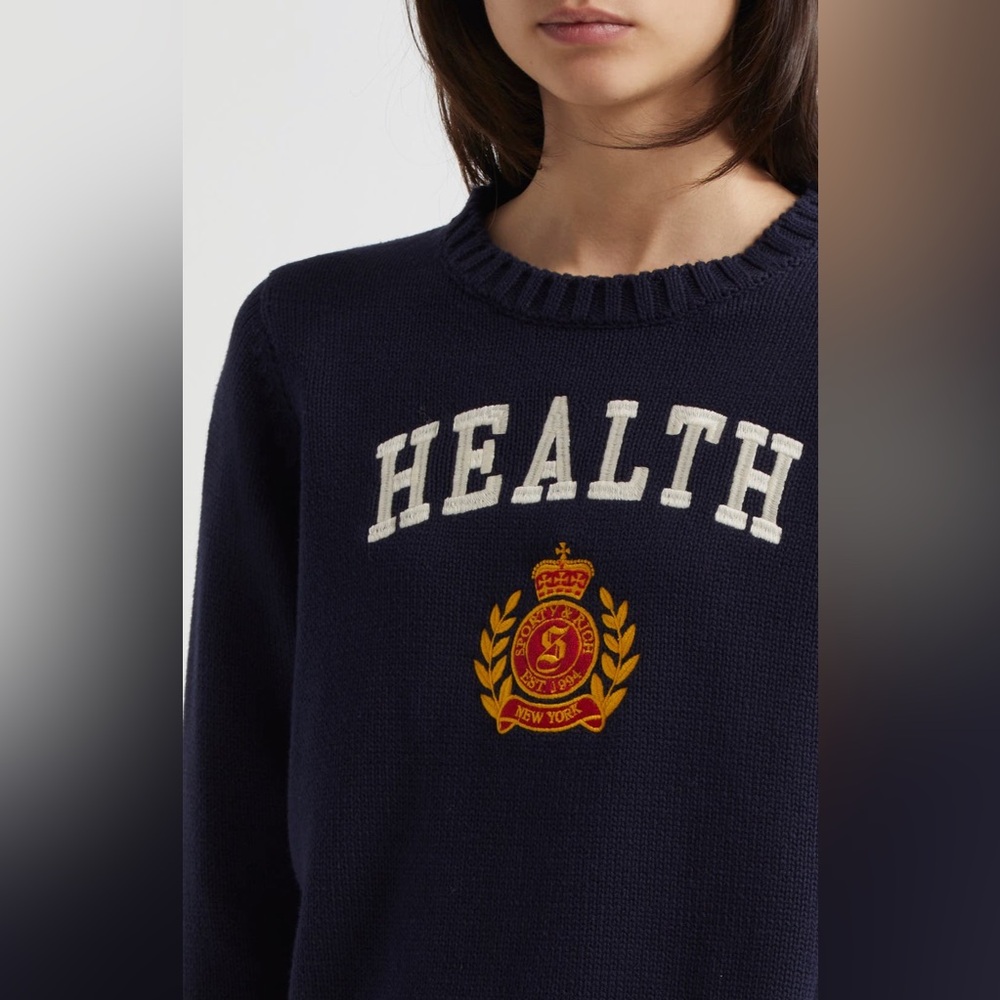 Sporty and Rich brand Medium NWT Navy Blue Cotton Crewneck Health Crest Sweater - Picture 14 of 16